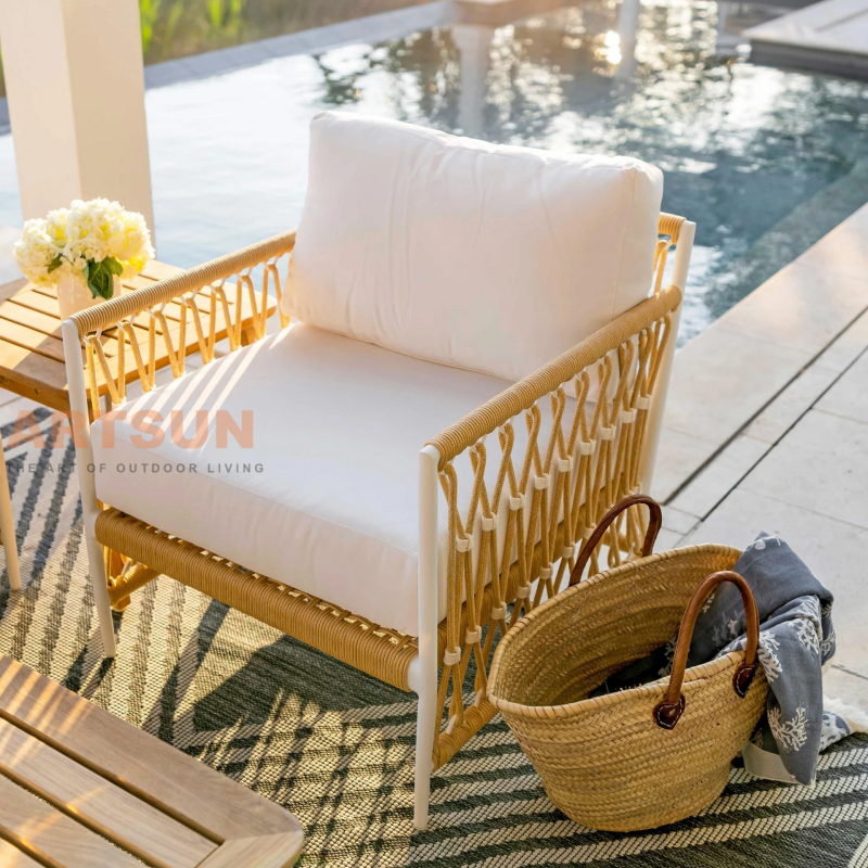Modern Boho Outdoor Lounge Chair with All-Weather Rope Weaving And Cushions