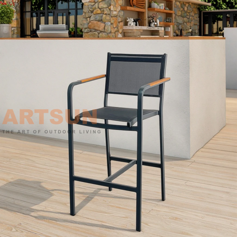 Outdoor Bar Chair with Teslin Fabric Backrest and Teak Accent Armrest