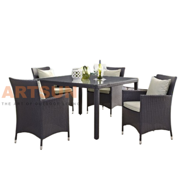 Rattan Dining Set with Tempered Glass Table Top