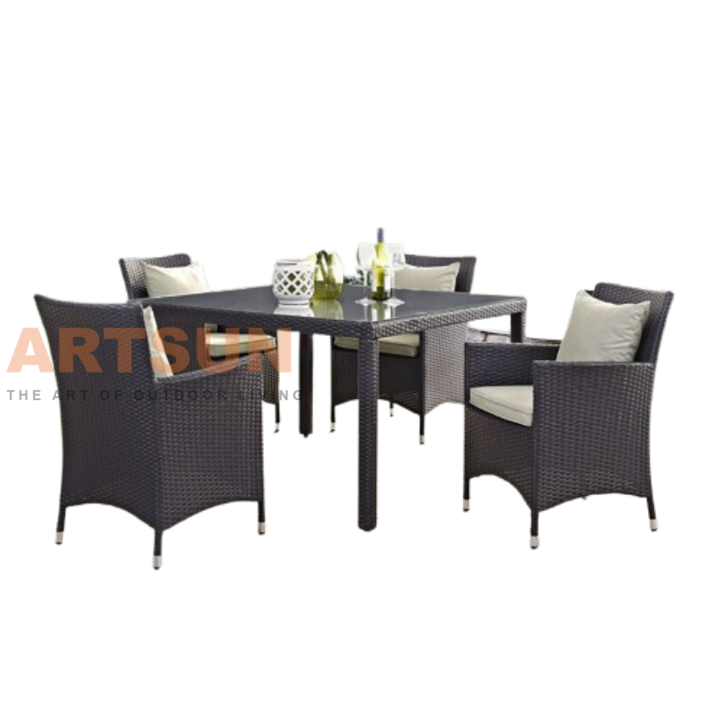 Rattan Dining Set with Tempered Glass Table Top