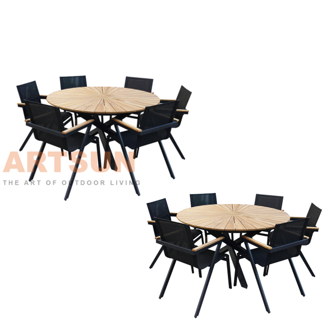 Round Teak Outdoor Dining Set with Aluminum Frame Chairs