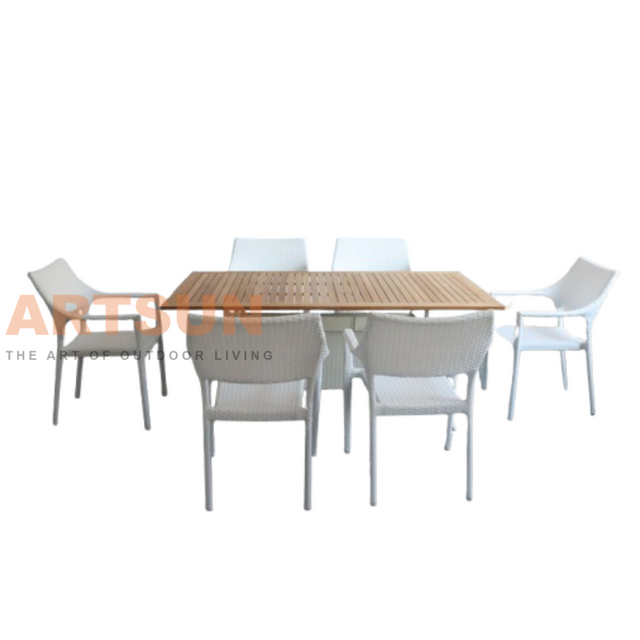 Rattan Dining Chairs with Teak Wood Table Top and Rattan Designed Base