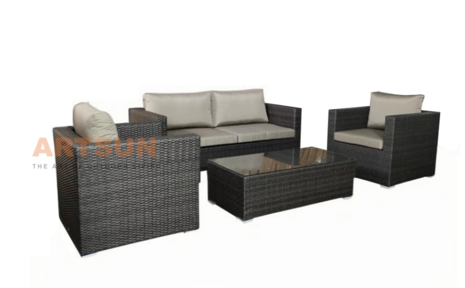 European Rattan Sofa Set Cushioned Glass Outdoor Resort