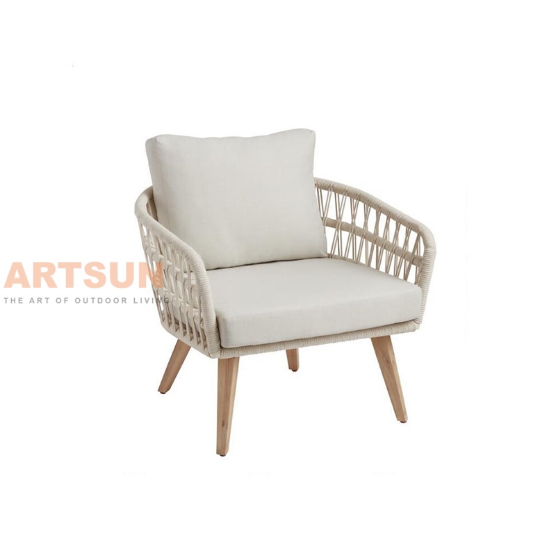 Woven Rope Outdoor Patio Sofa Set with Teak Wood Table