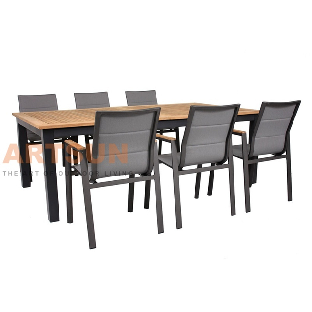 Aluminum Outdoor Dining Table with Teak Wood Top & Teslin Fabric Chairs