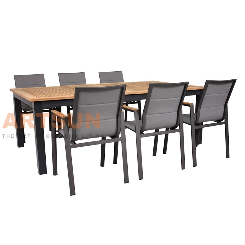 Aluminum Outdoor Dining Table with Teak Wood Top & Teslin Fabric Chairs