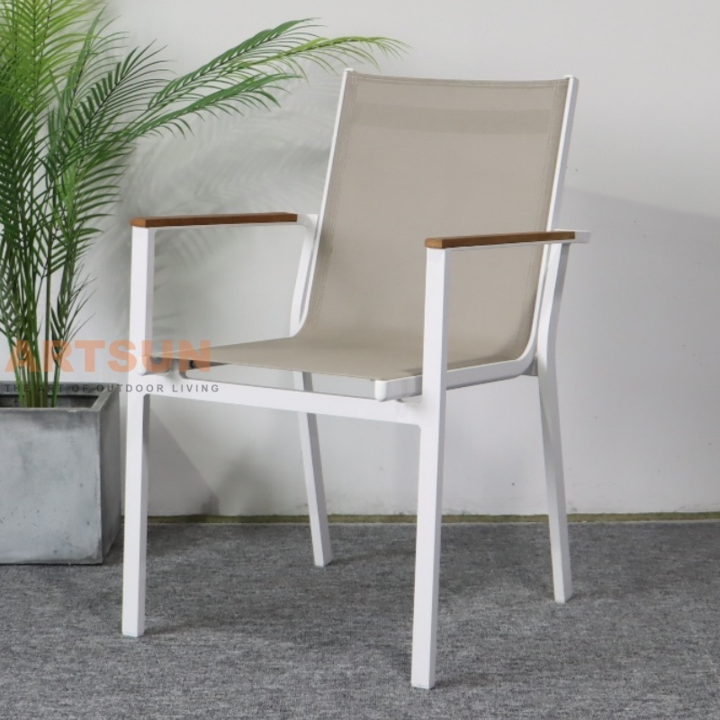 Outdoor Aluminum Chair with Teak Wood Accent Armrest