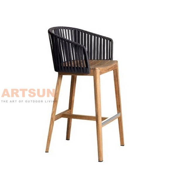Stylish Outdoor Teak Wood Bar Chair with Woven Rope Armrest for Patio Resort & Rooftop Bar