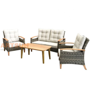 High-End Patio Outdoor Rattan Sofa Set with Wooden Armrests and Coffee Table