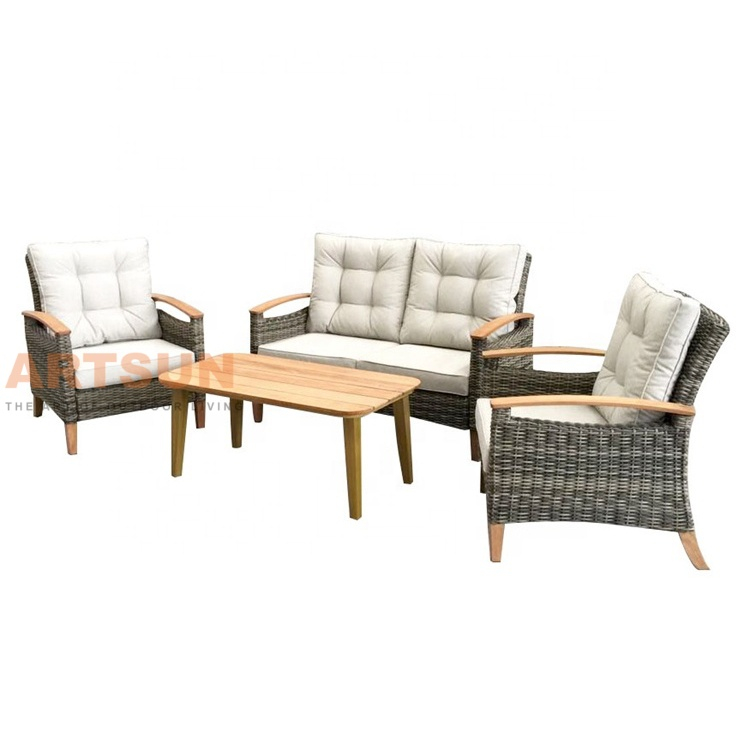 High-End Patio Outdoor Rattan Sofa Set with Wooden Armrests and Coffee Table