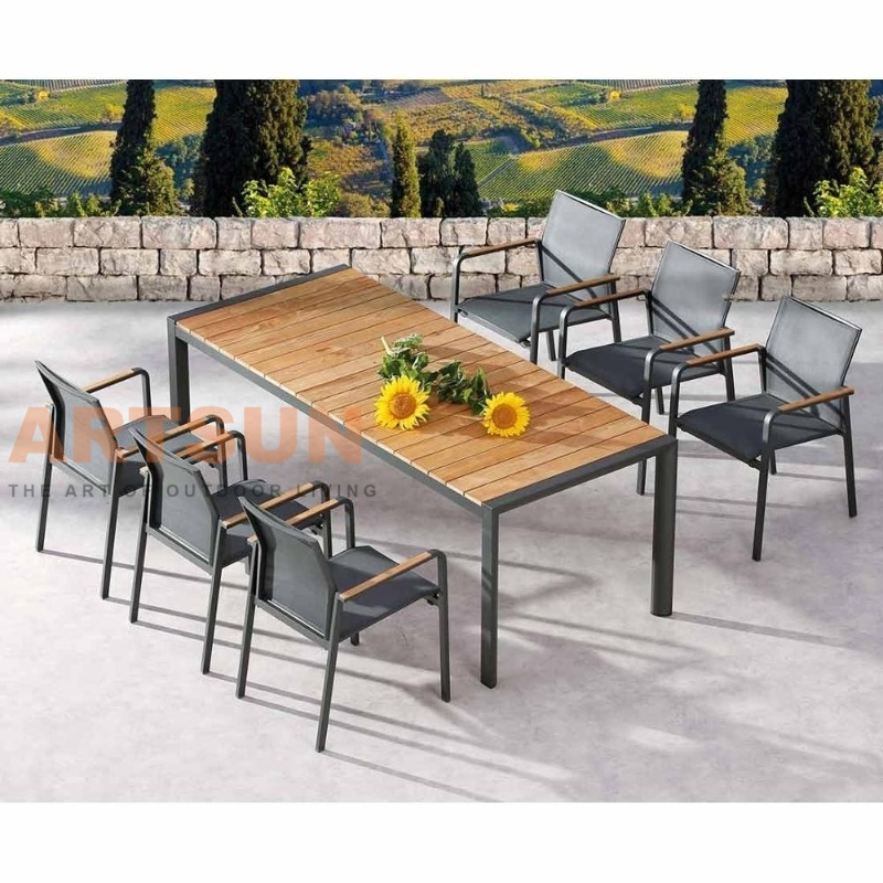 Modern Aluminum Dining Table with Teak Wood Top and Teslin Sling Chairs for Hotel