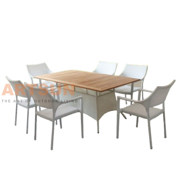 Rattan Dining Chairs with Teak Wood Table Top and Rattan Designed Base