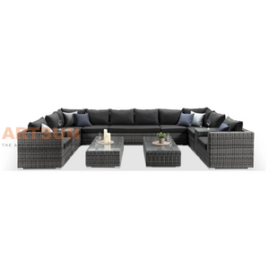 Outdoor Rattan Corner Dining Sofa Set with Cushions and Glass Top Table