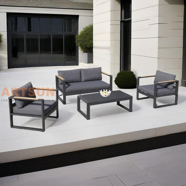 Black Aluminum Patio Garden Sofa Set for Balcony with Teak Wood Accent