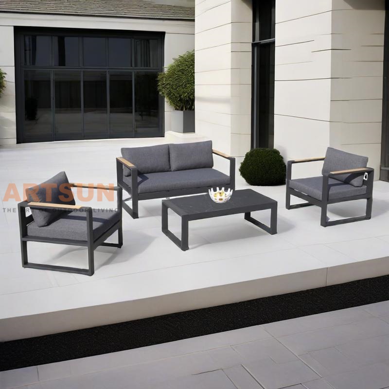 Black Aluminum Patio Garden Sofa Set for Balcony with Teak Wood Accent