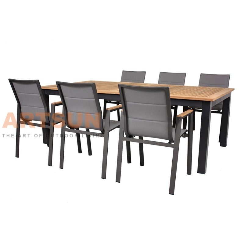 Aluminum Outdoor Dining Table with Teak Wood Top & Teslin Fabric Chairs