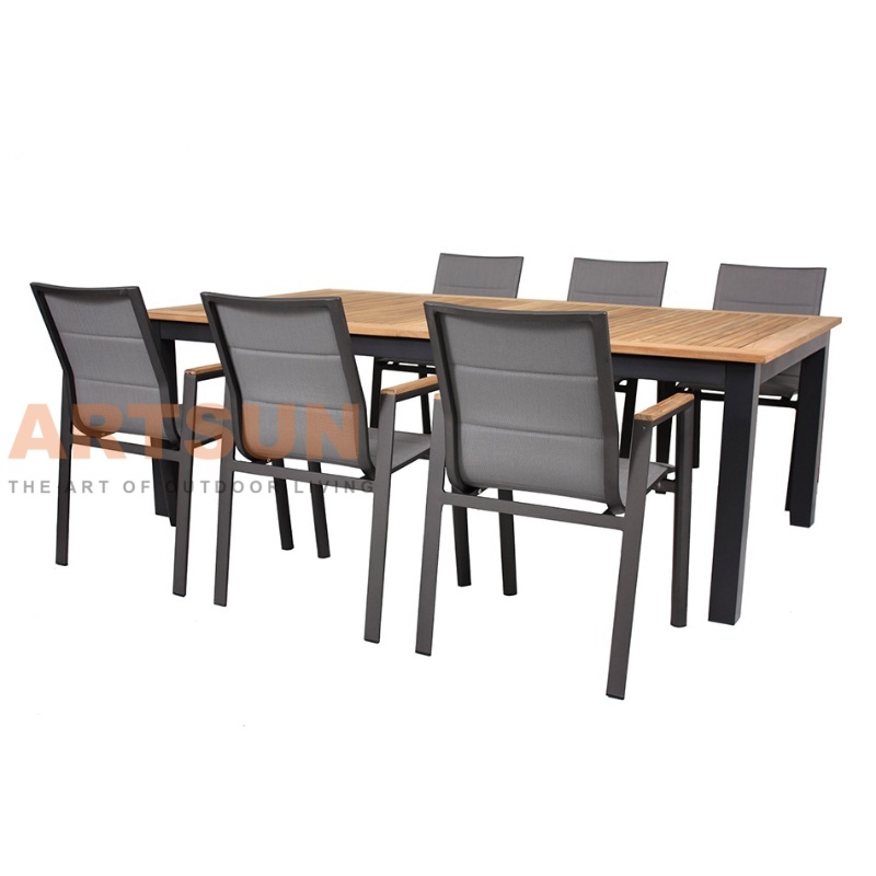 Aluminum Outdoor Dining Table with Teak Wood Top & Teslin Fabric Chairs