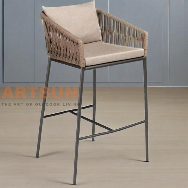 Modern Rope Woven Outdoor Bar Stool with Cushioned Seat and Aluminum Frame