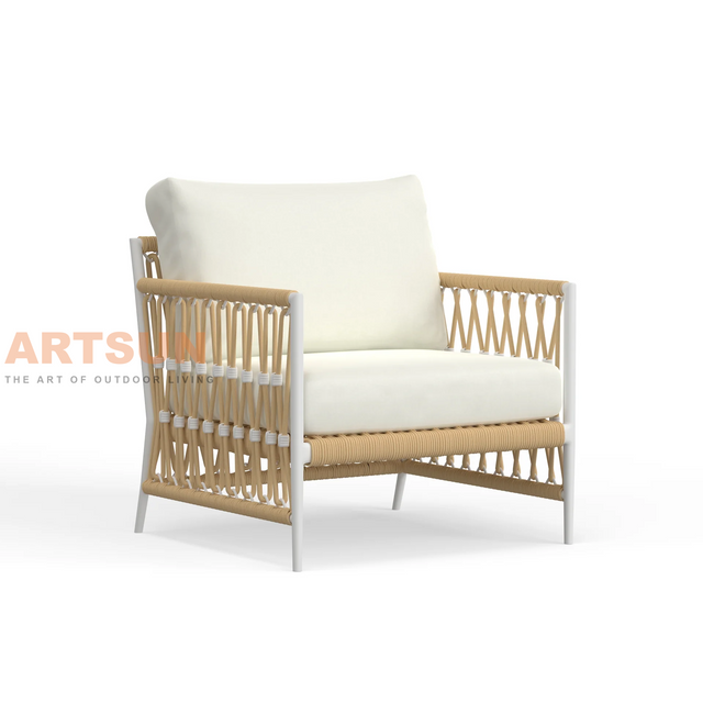 Modern Boho Outdoor Lounge Chair with All-Weather Rope Weaving And Cushions