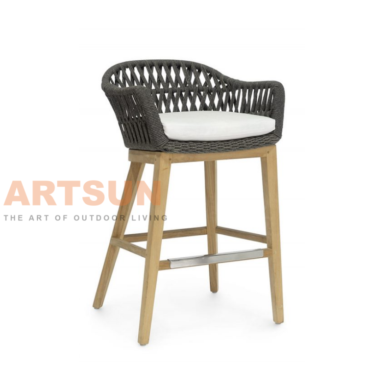 Teak Outdoor Bar Chair with Handwoven Rope Armrest