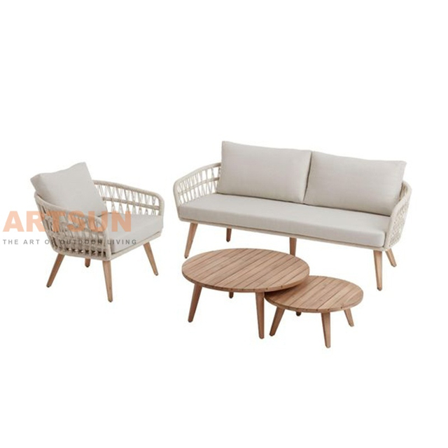 Woven Rope Outdoor Patio Sofa Set with Teak Wood Table