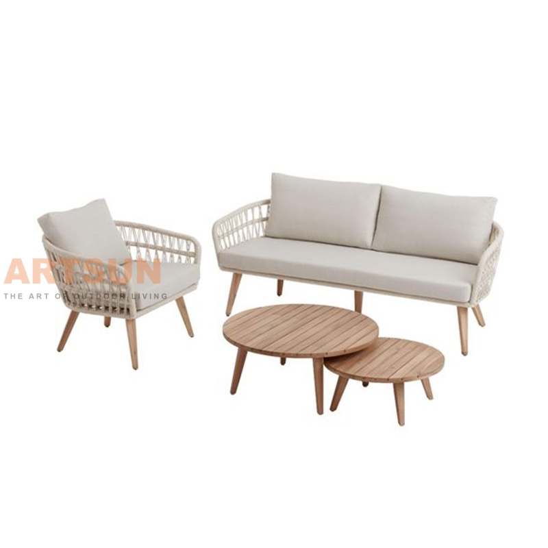 Woven Rope Outdoor Patio Sofa Set with Teak Wood Table