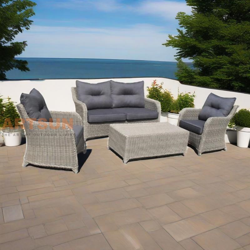 Outdoor Rattan Sofa Set with Cushions and Coffee Table – 4 Piece Patio Furniture