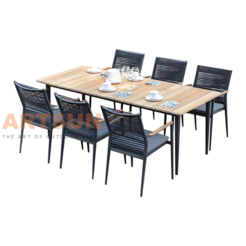Modern Outdoor Dining Set with Teak Tabletop & Rope