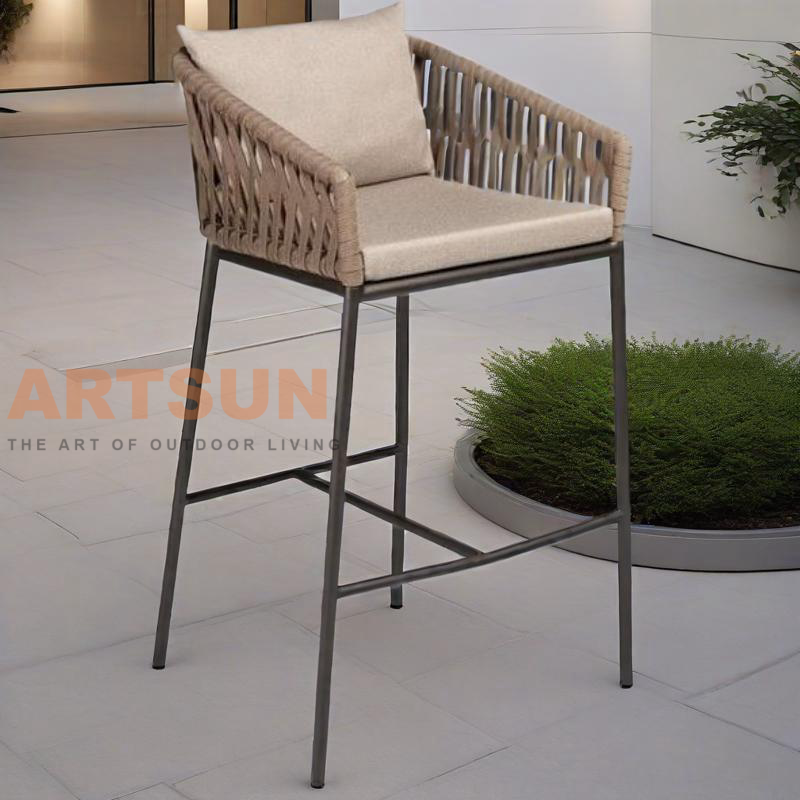 Modern Rope Woven Outdoor Bar Stool with Cushioned Seat and Aluminum Frame