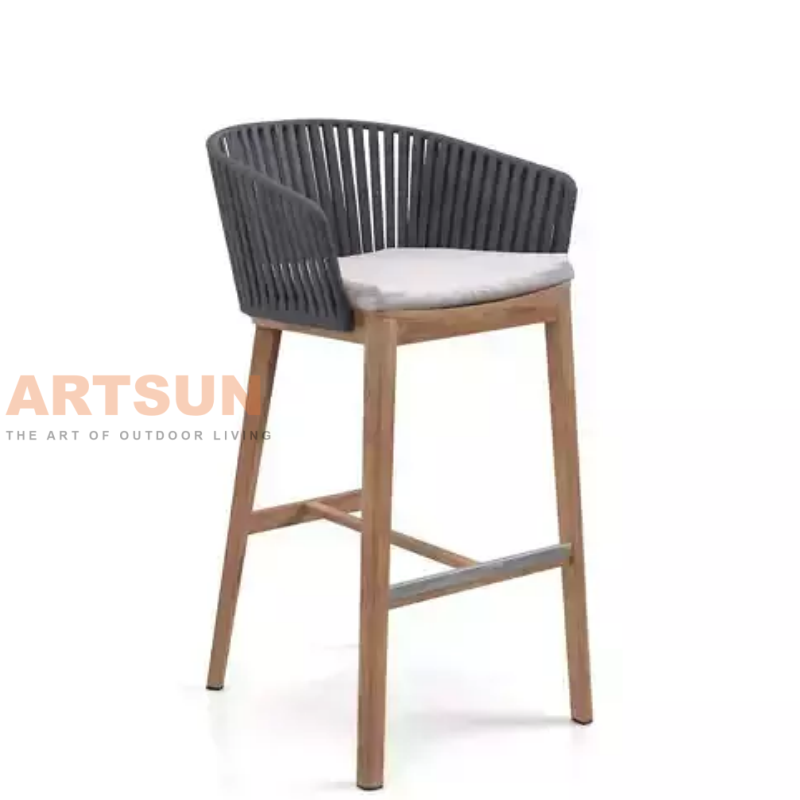 Stylish Outdoor Teak Wood Bar Chair with Woven Rope Armrest for Patio Resort & Rooftop Bar