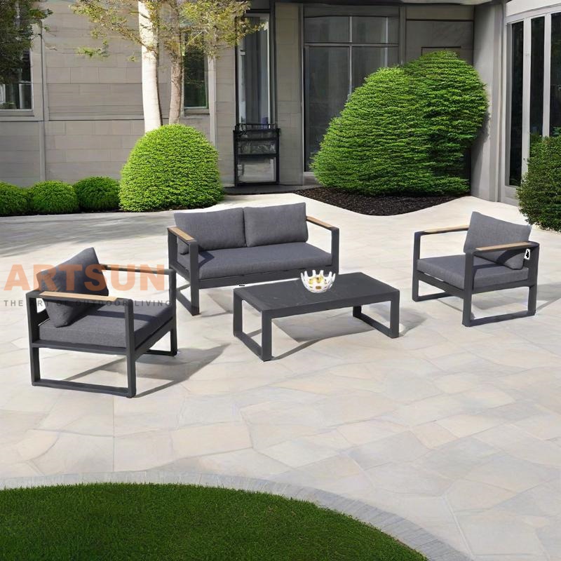 Black Aluminum Patio Garden Sofa Set for Balcony with Teak Wood Accent