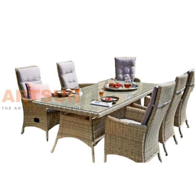 Rattan Dining Set with Tempered Glass Table Top and High Back Rattan Dining Chairs