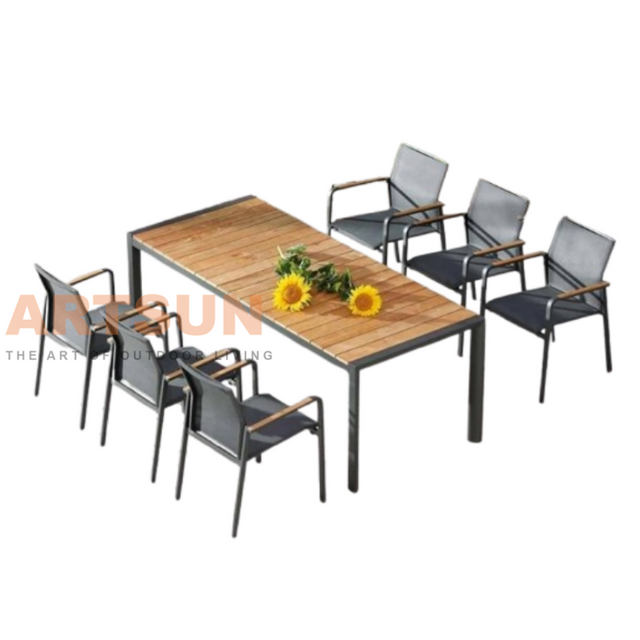 Modern Aluminum Dining Table with Teak Wood Top and Teslin Sling Chairs for Hotel