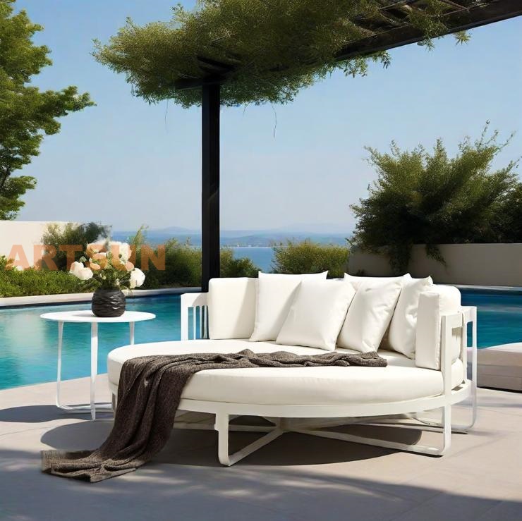 Modern Outdoor Round Sofa with Rope Backrest and Cushions