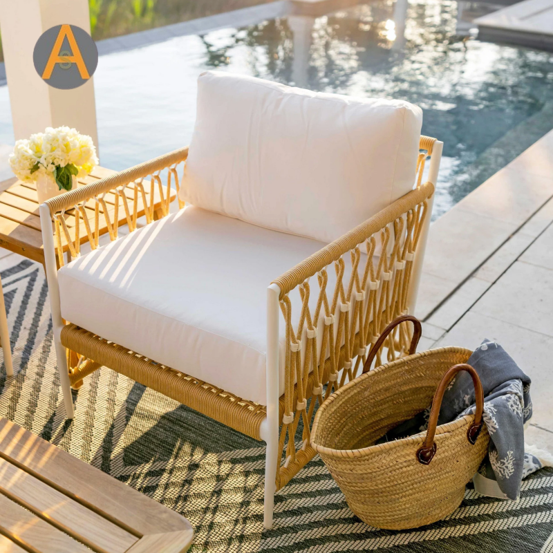 Modern Boho Outdoor Lounge Chair with All-Weather Rope Weaving And Cushions