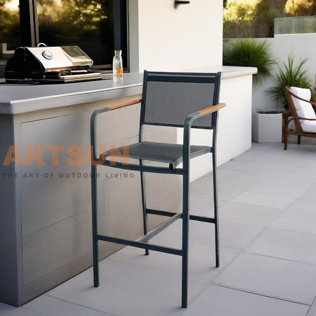 Outdoor Bar Chair with Teslin Fabric Backrest and Teak Accent Armrest