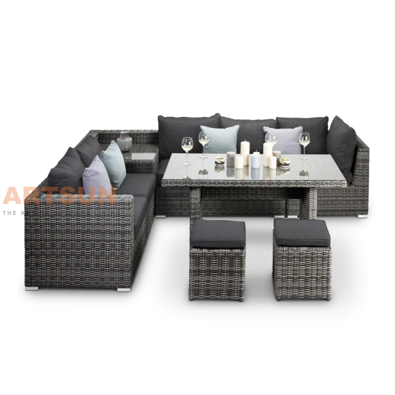 Outdoor Rattan Corner Dining Sofa Set with Cushions and Glass Top Table