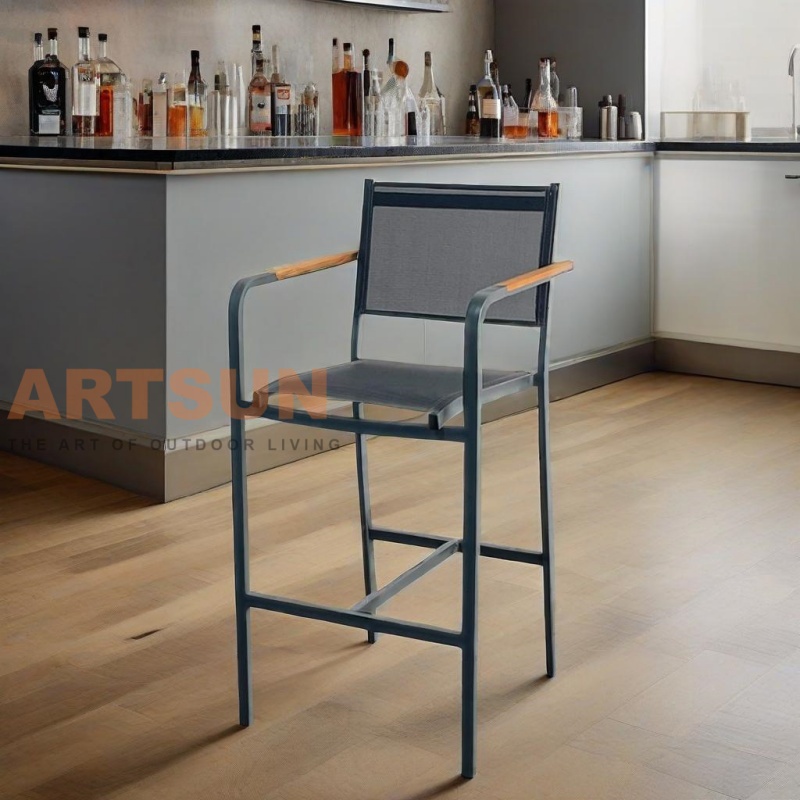 Outdoor Bar Chair with Teslin Fabric Backrest and Teak Accent Armrest