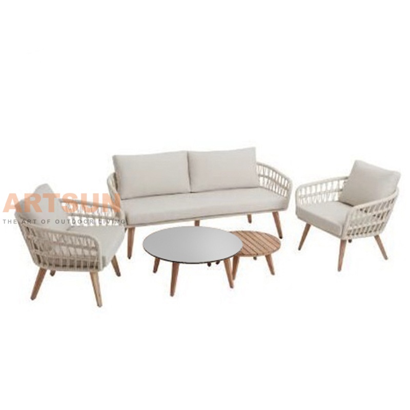 Woven Rope Outdoor Patio Sofa Set with Teak Wood Table