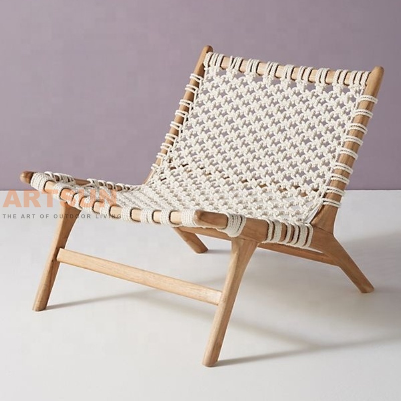 Outdoor Woven Rope Lounge Chair with Teak Wood Frame