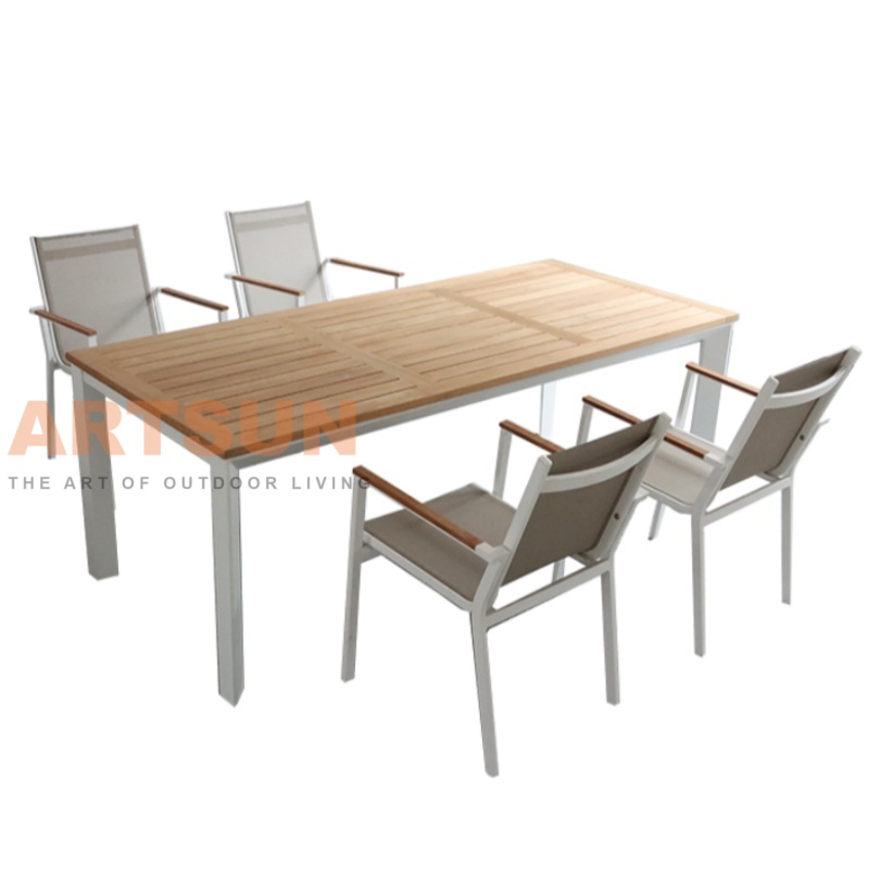 Outdoor Aluminum Dining Set with Teak Tabletop