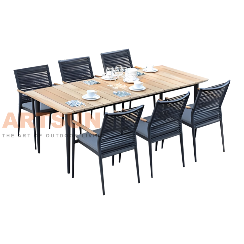Modern Outdoor Dining Set with Teak Tabletop & Rope