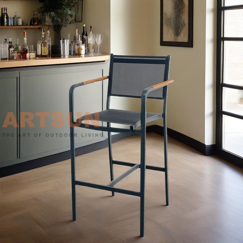 Outdoor Bar Chair with Teslin Fabric Backrest and Teak Accent Armrest