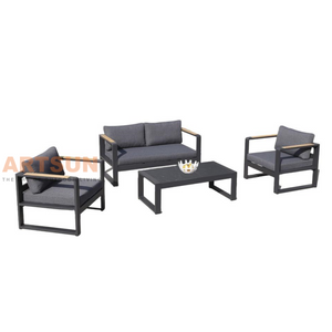 Black Aluminum Patio Garden Sofa Set for Balcony with Teak Wood Accent