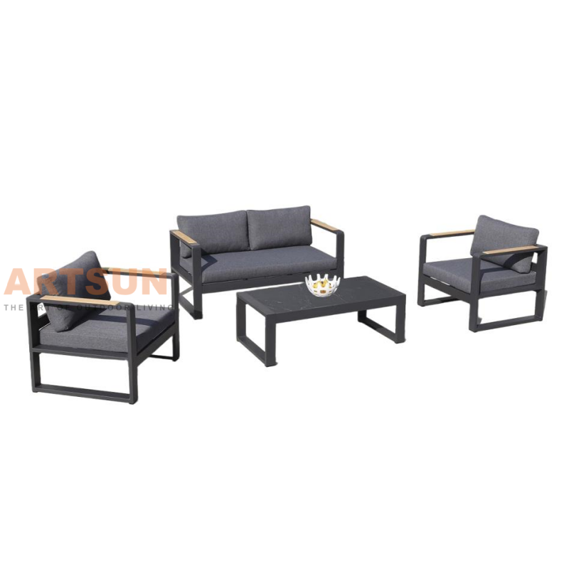 Black Aluminum Patio Garden Sofa Set for Balcony with Teak Wood Accent
