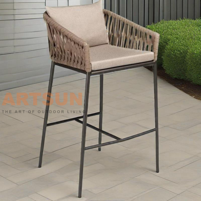 Modern Rope Woven Outdoor Bar Stool with Cushioned Seat and Aluminum Frame