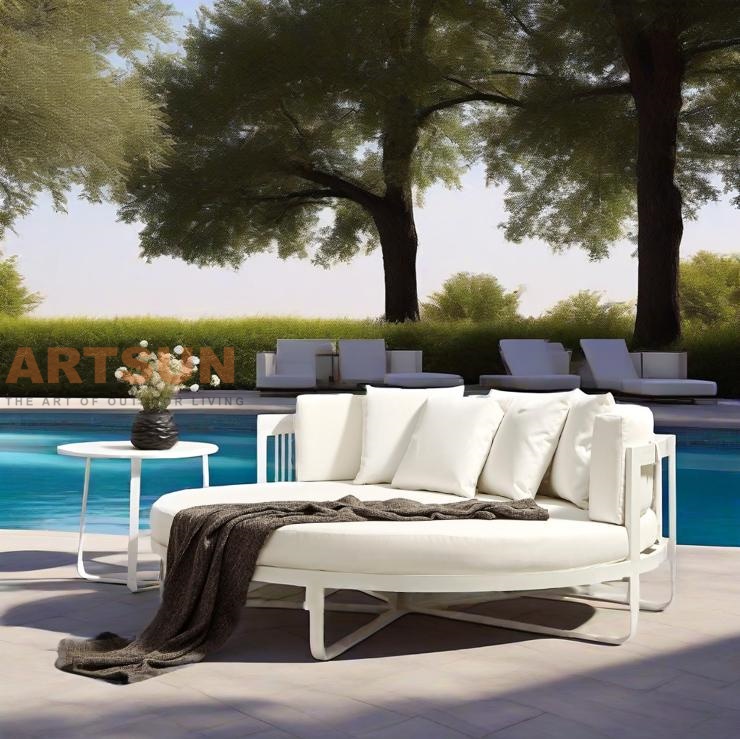 Modern Outdoor Round Sofa with Rope Backrest and Cushions