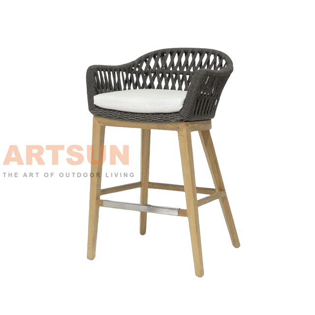 Teak Outdoor Bar Chair with Handwoven Rope Armrest