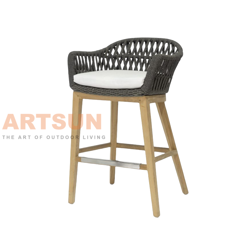 Teak Outdoor Bar Chair with Handwoven Rope Armrest