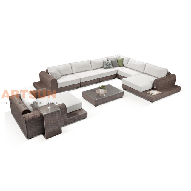 Modern European Outdoor Rattan Sectional Sofa Set with Coffee Table